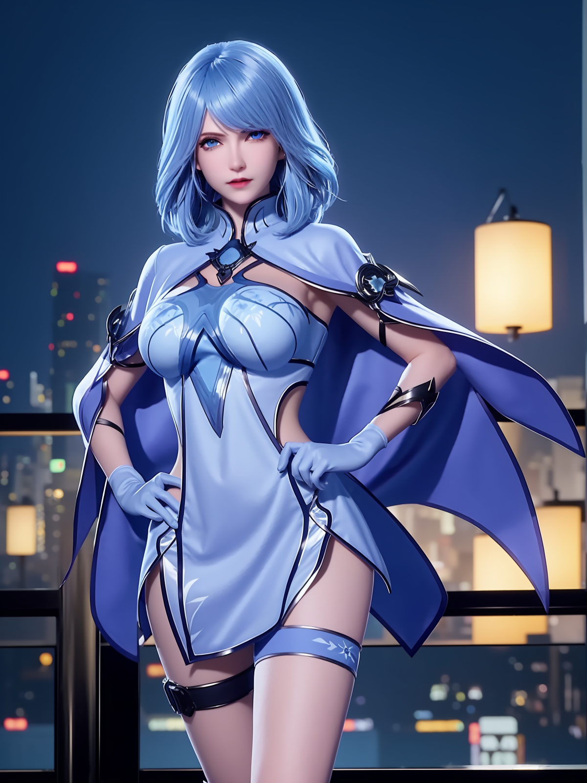 01311-706103527-DLDLshuibinger, 1girl, solo, blue hair, blue eyes,dress,single thighhigh,thigh strap,long sleeves,clothing cutout, capelet, glov.png